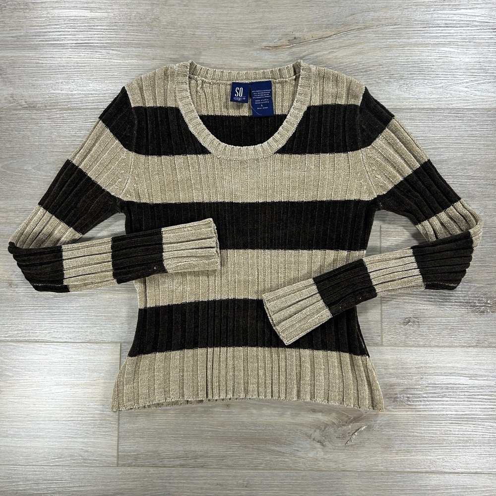 SO..GSJC‎ Womens Large Chocolate Brown Stripe Sweater Y2K 90s Grunge